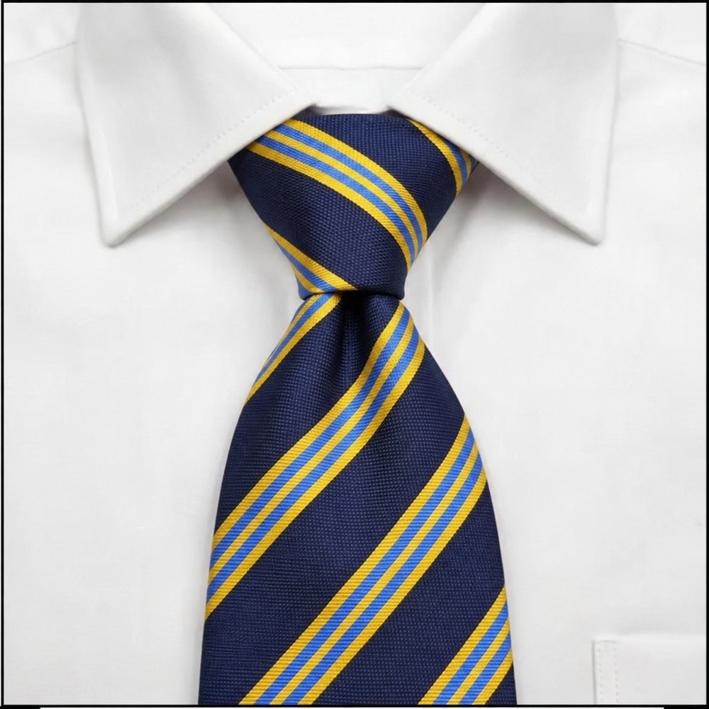 Brooks Brothers Makers Repp Stripe Silk Tie Navy Blue Yellow Mens Necktie Preppy
